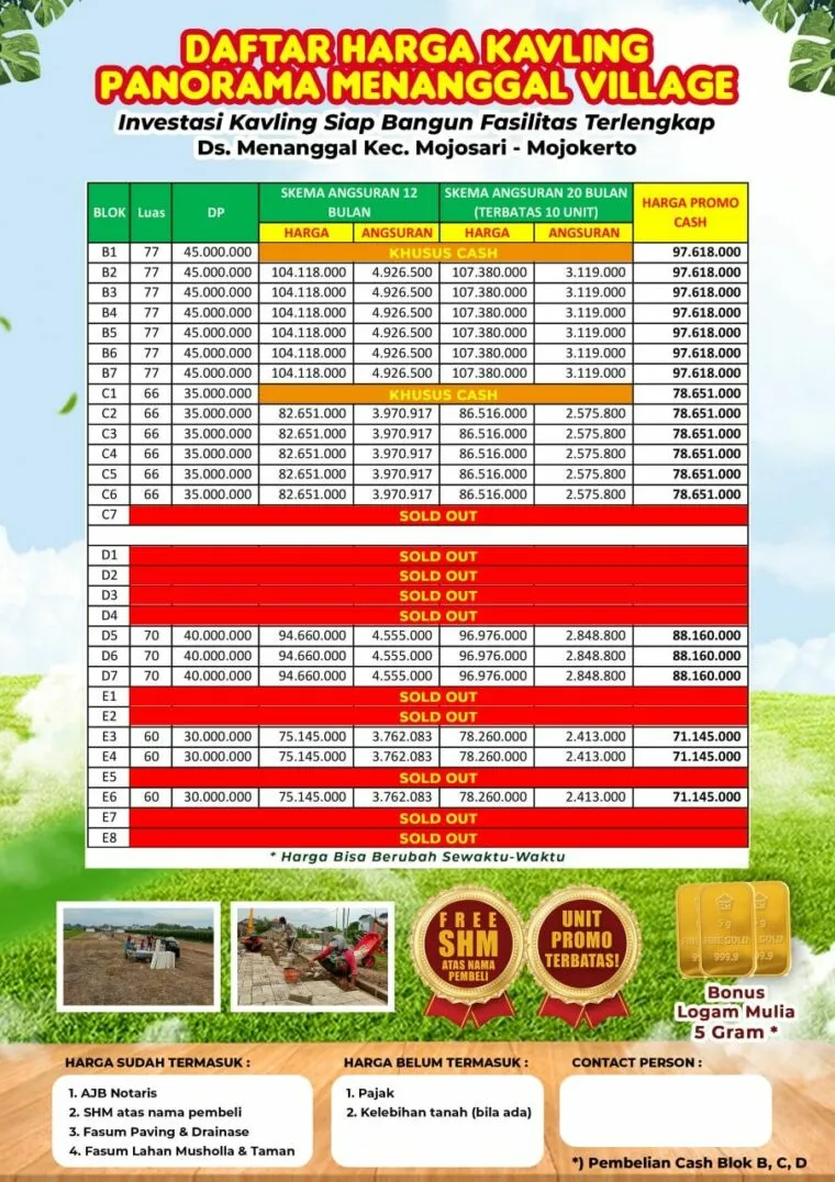 TANAH KAVLING MOJOSARI SIAP BANGUN, FREE SHM, LOKASI STRATEGIS 5 harga tanah kavling mojosari